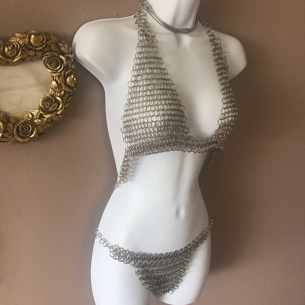 Sliver metal chained bikini set